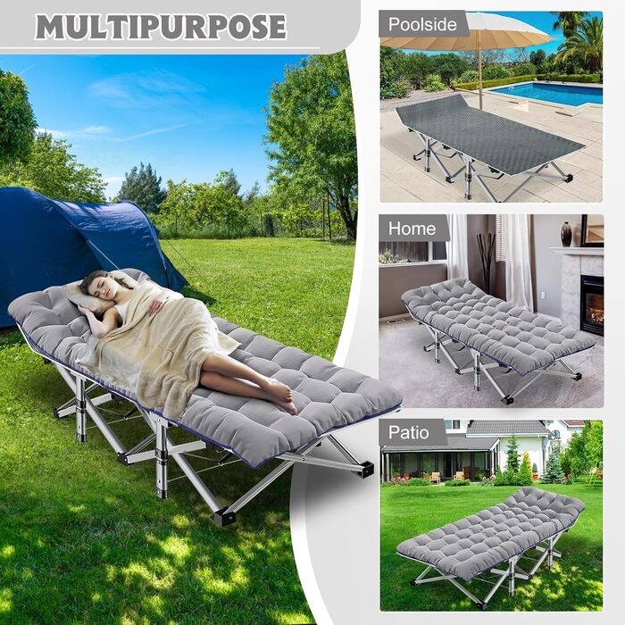 Розкладне кемпінгове ліжко MOPHOTO з матом – до 200 кг, 190x71x36 см, широке, для відпочинку на природі, сіре