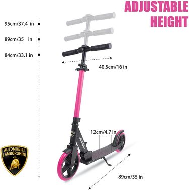 Самокат трюковий Lamborghini Cityroller рожевий, складаний, з регульованою висотою, для дітей та дорослих до 100 кг, з підніжкою та заднім гальмом