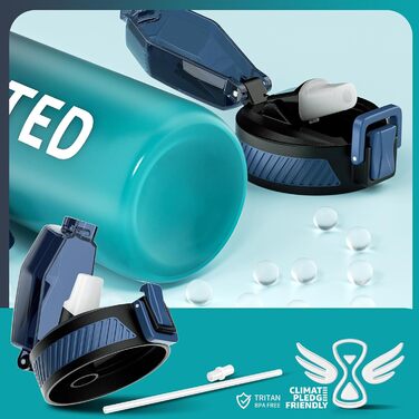 Спортивна пляшка для води 1л Tritan без BPA з трубочкою, з маркуванням часу та щіткою, для фітнесу, школи, йоги, відпочинку на природі (1 шт.), темно-синій