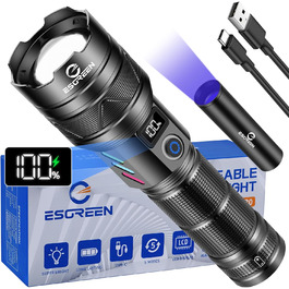ESGREEN Тактичний ліхтарик LED 1000000 люменів, USB-C, Zoom, 5 режимів, для кемпінгу та безпеки, 32 Вт·год