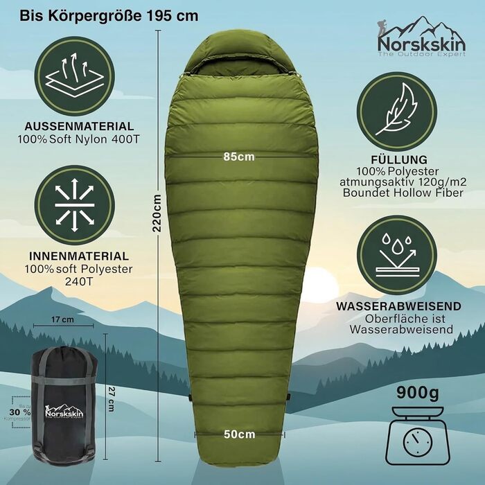 Спальний мішок Mumienschlafsack Norskskin Ultralight 205 Grün - екстремальний (-6°C), з'єднуваний, з кишенею для подушки, правий блискавка