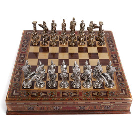Шахи міфологічні металеві, середнього розміру, для дорослих, ручної роботи, шахові фігури та дошка з натурального масиву дерева, з внутрішнім зберіганням, висота короля 8 см
