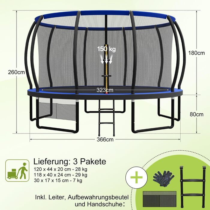 Трамплін Devoko Outdoor Ø 228/305/366/427 см з сіткою безпеки, сходами та мішком для взуття. Сертифікат TÜV Rheinland GS. Трамплін для саду, великий круглий батут для дітей.