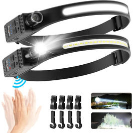 LED налобний ліхтар з акумулятором, надпотужний промінь 230°, регульований фокус, 30 годин роботи, 7 режимів з датчиком руху, водонепроникний, легкий, для бігу, кемпінгу, риболовлі (2 шт.)