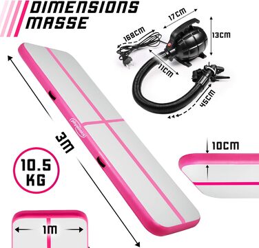Physionics® Air Matte Track - Розвиваюча тренувальна гімнастична матка надувна, з електричним насосом, 3/4/5/6/7/8 м, рожева (300x100x10 см)