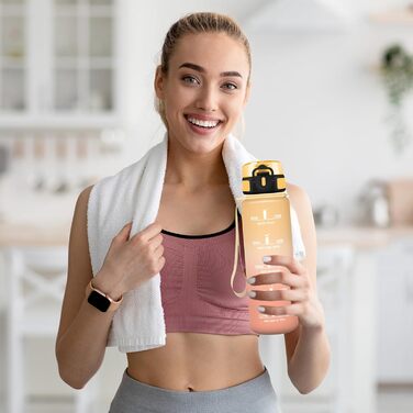 Спортивна пляшка для води 1 літр з міткою часу, витокозахисна, легка, для велосипеда, школи, офісу, фітнесу (1000 мл, бурштиново-помаранчевий)