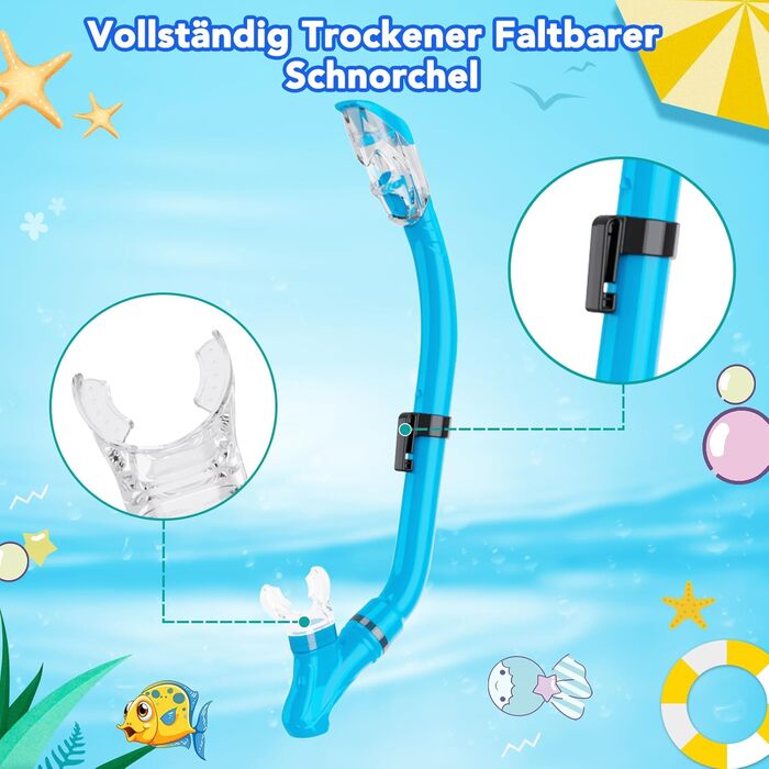 Набір для снорклінгу для дітей з ластами, маска з панорамним оглядом 180°, регульовані ласти, високоякісна маска та сухий снорк. для плавання (небесно-блакитний)