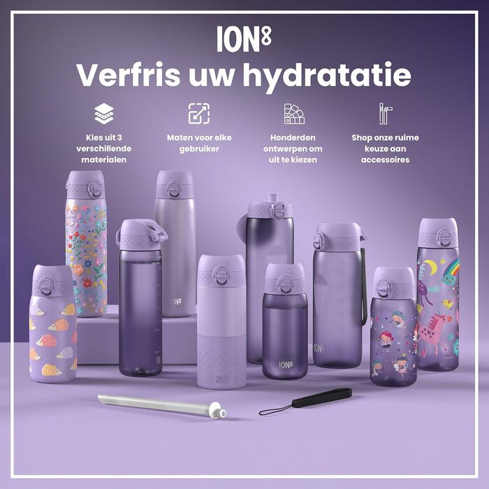 Пляшка для води ion8 500 мл, герметична, зручна кришка, без BPA, з ручкою, легка у догляді, метелик