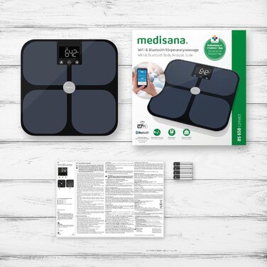 Medisana BS 650 – розумна ваги-аналізатор тіла до 180 кг з Wi-Fi/Bluetooth, персональна вага для вимірювання жиру, води, м'язів та кісткової маси, сумісна з VitaDock+ App, ITO-електроди