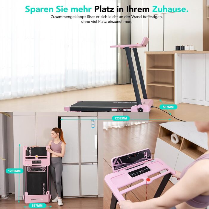 CITYSPORTS Електричний біговий тренажер, складаний, до 12 км/год, LED-дисплей, APP, тримач для планшета 360°, рожевий