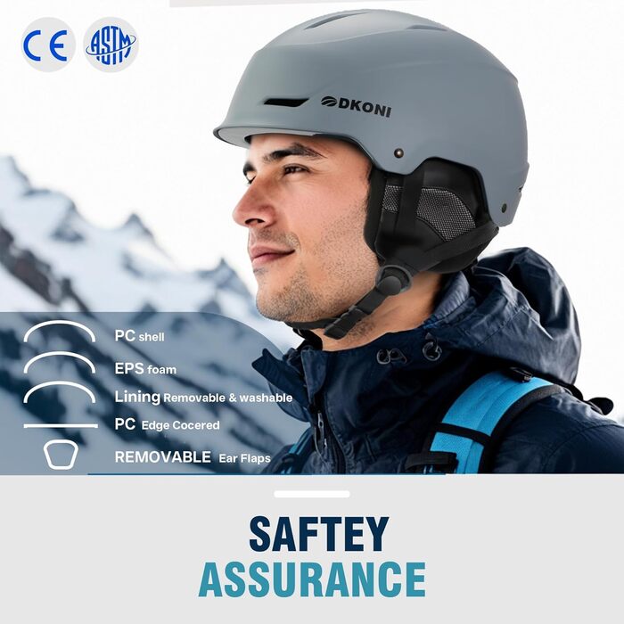 Шолом гірськолижний та сноубордний для чоловіків, жінок та дітей, регульований розмір, 3-рівнева вентиляція, міцна PC-оболонка з EPS-піною (білий/сірий, L: 58-62 см)