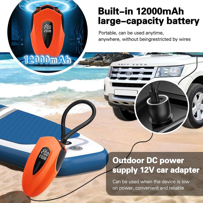 Електричний насос для SUP з акумулятором 12000mAh | Насос для SUP з LED, швидкою зарядкою та 20PSI | 12V насос з подвійним циліндром для SUP, човнів, каяків, наметів
