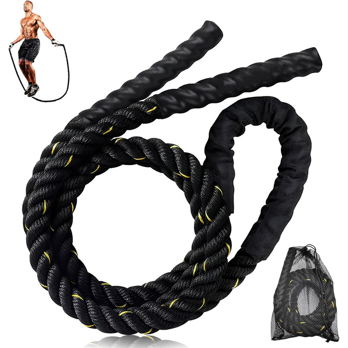 Важкий скакальний трос для дорослих для фітнесу та нарощування м'язів, довгий важкий трос для тренувань у фітнес-клубі та на відкритому повітрі, чорний (1 кг)