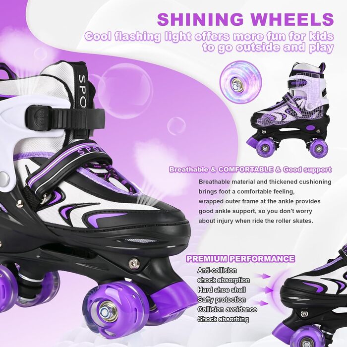 Роликові ковзани дитячі регульовані Duzskj для хлопчиків та дівчаток, фіолетові, 4 розміри