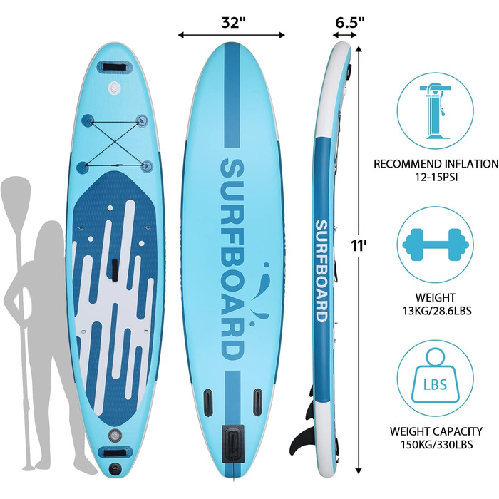 Надувна SUP-дошка YU YUSING 320/335x76x16,5 см з регульованим веслом, насосом, рюкзаком, страховочним шнуром, водонепроникною сумкою, для серфінгу, вантажопідйомність 150 кг