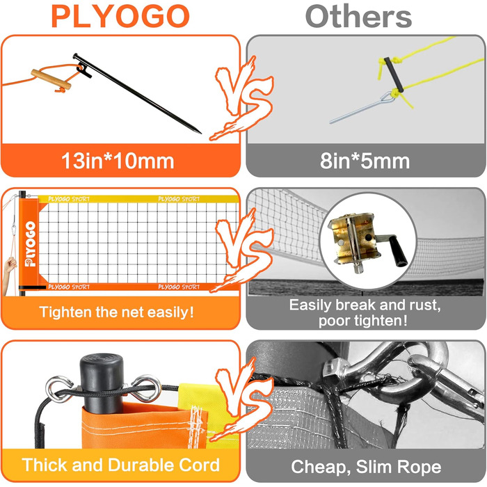 Волейбольна сітка PLYOGO для вулиці, професійний набір, регульовані алюмінієві стійки, анти-саг дизайн, подвійний регулятор натягу, для пляжу та газону