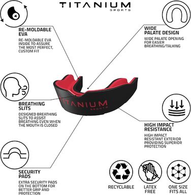 Захисна капа Titanium Sports Premium - Slim Fit з чохлом. Капу для захисту щелепи під час контактних видів спорту (бокс, ММА, джудо, карате, регбі, хокей, футбол). Червоний/Чорний. Для дітей (<11)