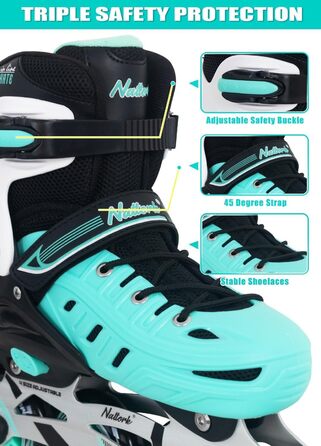 Роликові ковзани Nattork для дітей та дорослих, 4 розміри, регульовані, турквіс, X-Large (EU 37-40/240-260)