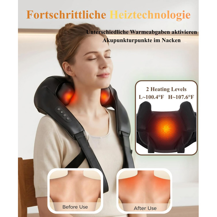 Бездротовий масажер для шиї та плечей 4D Shiatsu з підігрівом, електричний масажер для спини та м'язів, чорний
