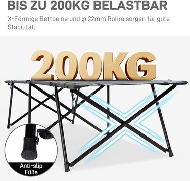Розкладне ліжко EVER ADVANCED для кемпінгу XXL, 200 кг, сіре. Стабільне, портативне, з кишенею. Для відпочинку на природі, вдома та в саду.