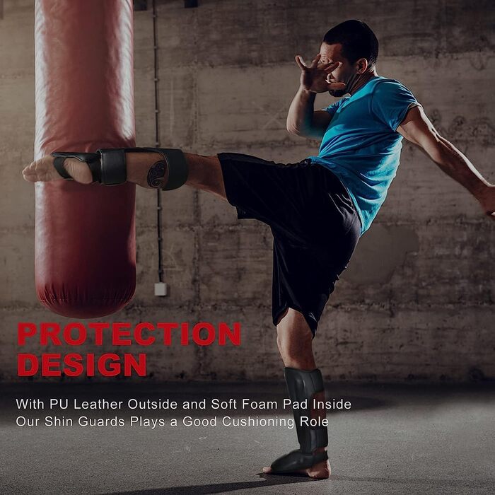 Захисні щитки для гомілки FIVING MMA, з амортизацією та захистом стопи, регульовані, для тайського боксу, тхеквондо та змішаних єдиноборств, розмір L, чорні