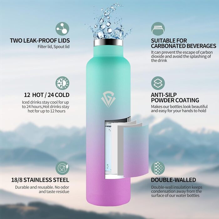 Термофляшка 1000 мл, не містить BPA, з нержавіючої сталі, подвійні стінки, ізольована, з трубочкою, для газованої води (зелений & фіолетовий)