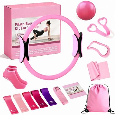 Набір для пілатесу та йоги для жінок-початківців Home Pilates & Yoga Starter Kit (рожевий) | М'яч для гімнастики 22,9 см, еспандери, кільце для пілатесу, ремені на щиколотки | Комплект для тренувань корпусу та розтяжки