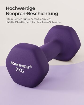 Гантелі SONGMICS 2 x 2 кг, неопрена, шестигранні, для фітнесу та силових тренувань вдома, фіолетові