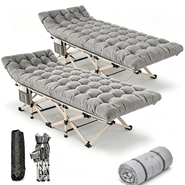 Ліжко туристичне розкладне Feldbett XXL 250 кг 2 шт сіре - 7 зон, 1200D Oxford, кут нахилу 15°, для кемпінгу, саду, палатки