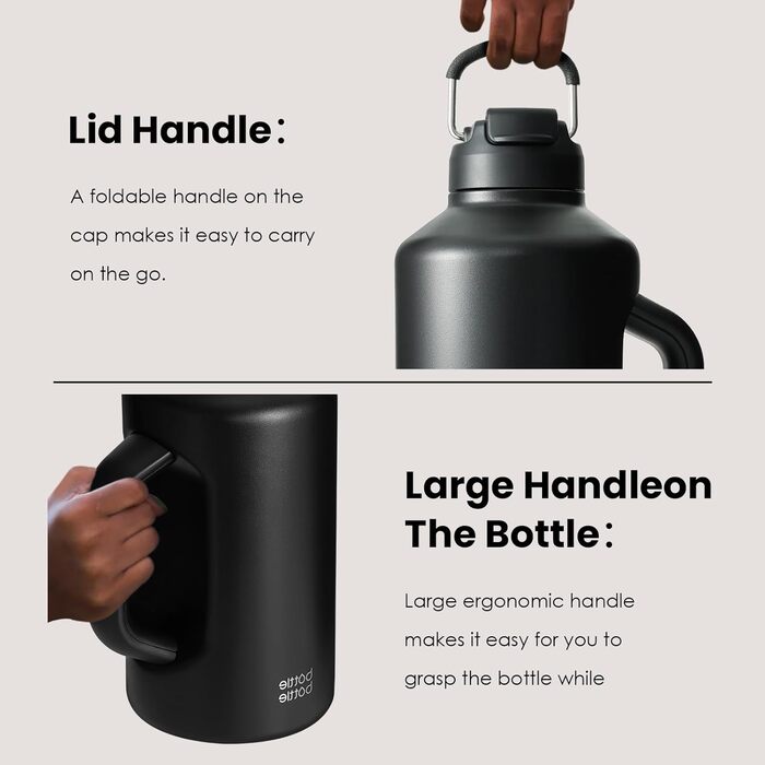 Ізольована пляшка для води BOTTLE з трубочкою та подвійним кришками, спортивна пляшка з нержавіючої сталі для чоловіків з ручкою, вакуумна сталь, для тренувань та спорту, 1,8 л, Чорний