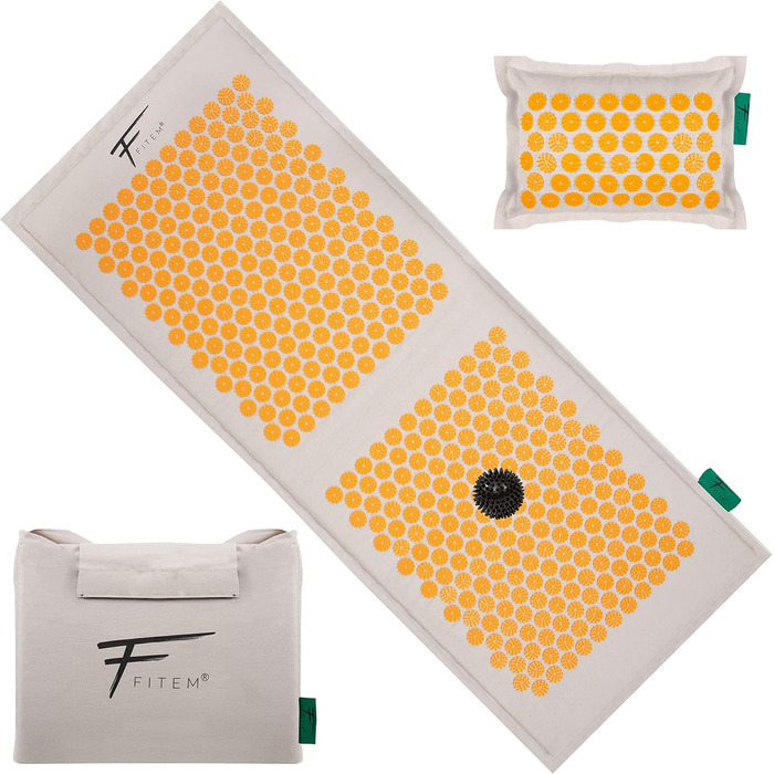 Fitem XL Акупунктурний масажний килимок з подушкою, 100% натуральна кокосова начинка, для масажу, зняття болю у спині та шиї, розслаблення м'язів, покращення сну, XL, помаранчевий