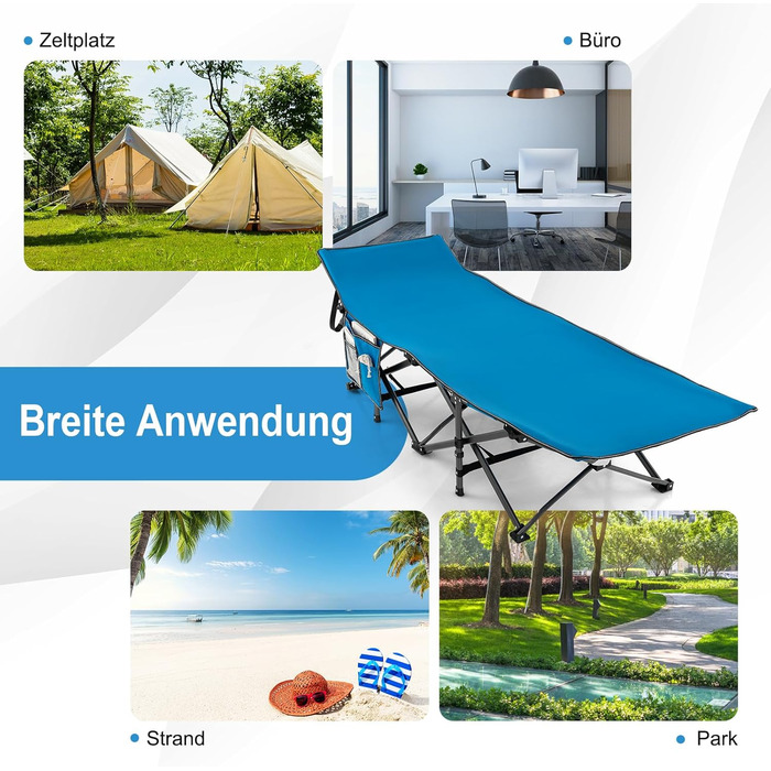 Розкладне ліжко SOARS для кемпінгу та відпочинку: стабільне металеве ліжко з кишенею та сумкою, до 272 кг, для саду, відпочинку на природі та в приміщенні (зелений/блакитний)
