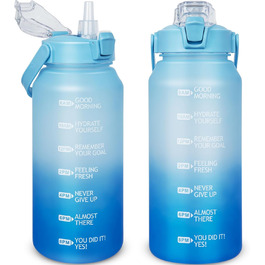DEARRAY Спортивна пляшка для води 2 л Tritan з трубочкою, BPA-free, мотиваційна, з часовою міткою, для спорту, фітнесу, туризму, блакитна/темно-синя