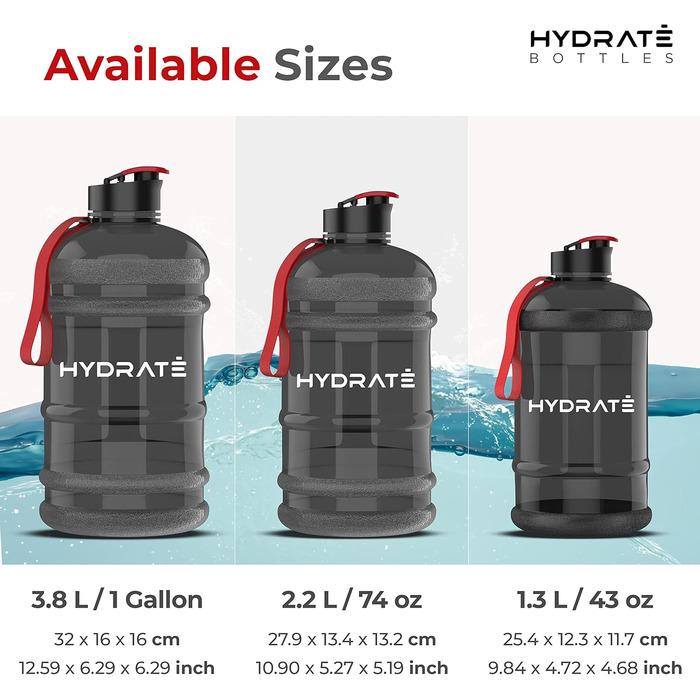 Фляга для води Hydrate XL 2,2 л - чорна, для спортзалу, спорту та подорожей, без BPA, міцна, 2200 мл