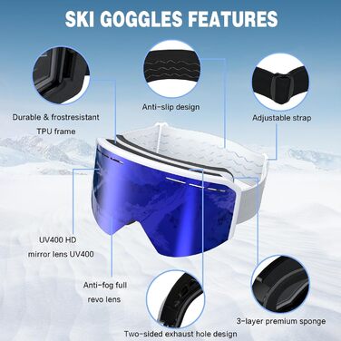 Скі-маска для чоловіків та жінок YH359, сноуборд маска для носіїв окулярів, OTG, захист від запотівання, UV-захист, антиковзаюча стрічка, повне REVO покриття (Білий/Revo Синій - VLT 19%)