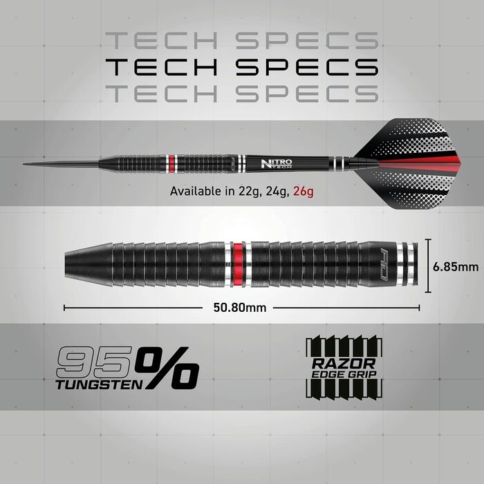 Професійні дартс дротики RED DRAGON Razor Edge ZX-95, вольфрам, 26 г, сталевий наконечник, з оперенням і шафтами