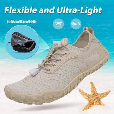 Водні черевики для плавання та відпочинку на пляжі: чоловічі та жіночі, швидко сохнуть, з дренажними отворами. Ідеально для моря, басейну, серфінгу, каякінгу та фітнесу. Унісекс, розміри 36-46 EU (38 EU, Бежевий)