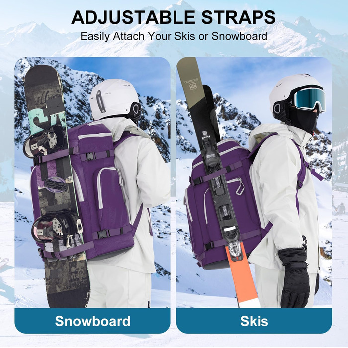 Чохол для лижних черевиків з відділенням для шолома, 65L рюкзак для лиж, водонепроникний мішок для лиж, сумка для лижних черевиків, ковзанів, лижних окулярів, сноуборду, лижних рукавиць (Ліловий)