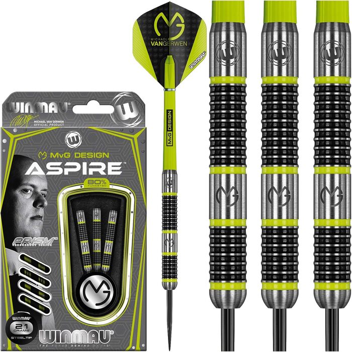 Дротики WINMAU Michael Van Gerwen MvG Aspire з вольфраму 21 г, сталевий наконечник, призмові крила та нейлонові хвостовики