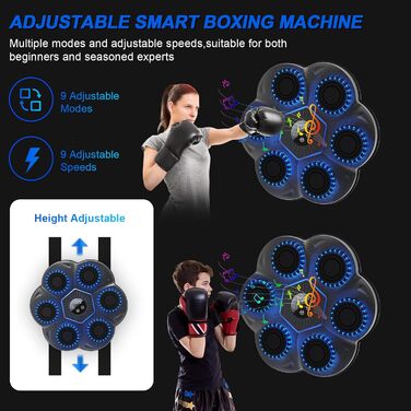 Музична боксерська машина Yolispa для дорослих та дітей, 9 режимів, 18 швидкостей, LED-підсвічування, Bluetooth, з боксерськими рукавичками