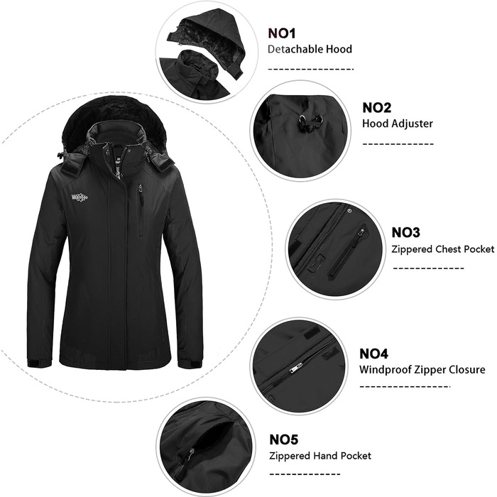 Жіноча зимова куртка Wantdo для катання на лижах, сноуборді та активного відпочинку на природі. Тепла флісова підкладка, водонепроникний вітрозахисний капюшон, куртка з підкладкою, колір чорний (M)