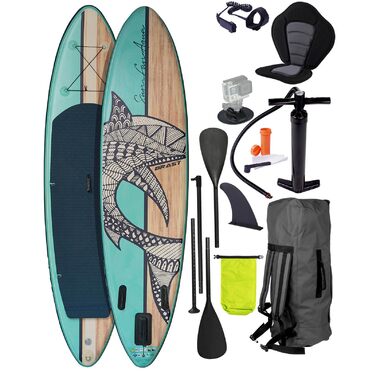 Надувний SUP-борд BRST Shark | Комплект для станд-ап паділбордингу | 320x81x15 см | 8 дизайнів | 5 років гарантії | з аксесуарами | 2-в-1: SUP та каяк, крісло, кріплення для Action-Cam, фіксатор для ноги, насос, рюкзак | Натуральний колір