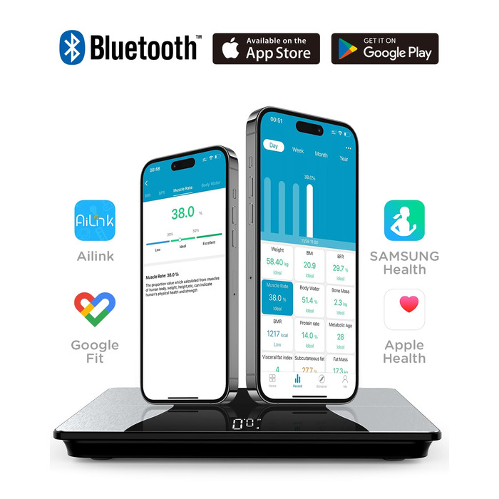 Ваги Flybunny для вимірювання складу тіла: жир, м'язи, BMI, пульс, вода, білок, кістки. Цифрові ваги для людей. Білий & Чорний колір