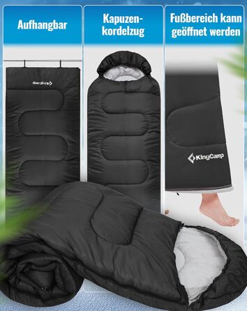 Сплячий мішок KingCamp Oasis для кемпінгу, 3-4 сезони, водовідштовхувальний, легкий, для дітей та дорослих, чорний, L, 220x75 см, можливість з'єднання
