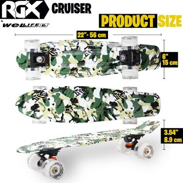 Скейтборд WeLLIFE Mini Cruiser 22'' (56 см), PU колеса з LED, ABEC-7, для підлітків і дорослих, військовий стиль