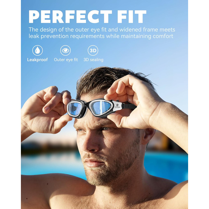 Окуляри для плавання, дорослі, поляризовані. Підходять для жінок та чоловіків. Без витоку, широкий кут огляду, захист від УФ-випромінювання, антизапітніння. Комфортні для підлітків та дорослих (чорний/світло-блакитний)