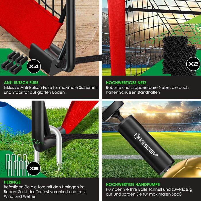 Ворота для футболу KESSER® (2 шт.) з аксесуарами: конуси, мішень, сумка, насос. Ідеальний подарунок для дітей, для гри в приміщенні та на вулиці.
