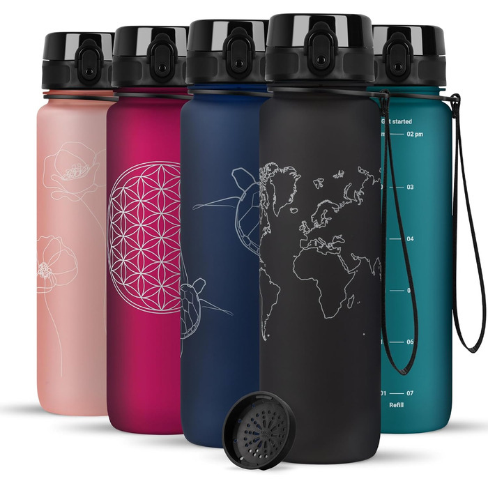 Пляшка для води 720°DGREE uberBottle 1л з ситечком, тритановий, герметичний, легкий, BPA-free, для спорту, фітнесу, велосипеда, університету, чорний Onyx Black, Softtouch