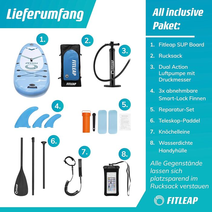 Надувна SUP-дошка Fitleap Premium з насосом, веслом і рюкзаком, синя, для йоги, серфінгу, водного спорту, 1 особа