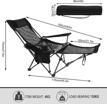 Складний стілець для кемпінгу eSituro, риболовний стілець, стілець для відпочинку на природі з підставкою для ніг та тримачем для напоїв, пляжний стілець з регульованою спинкою (Чорний)
